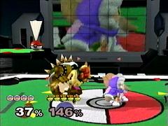 Bowser frozen, holding a Mr. Saturn