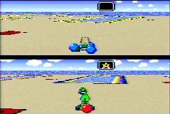 Yoshi, with a star ready, is about to hit into the shell
