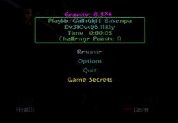 Here is the pause screen with the cheat menu and the gravity being turned down.